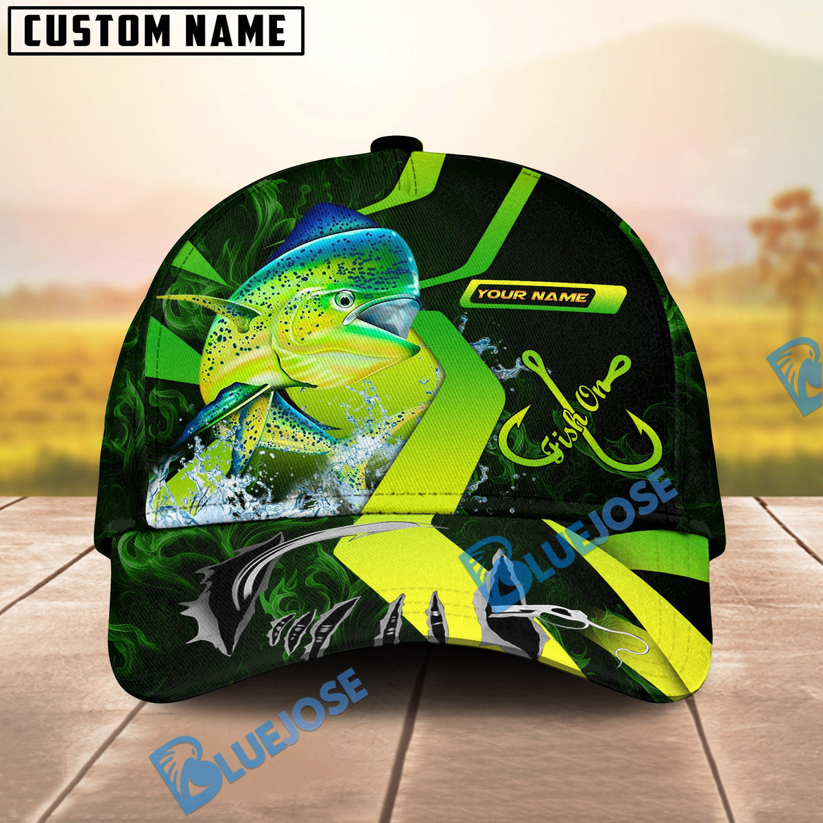 BlueJose Fishing Neon Green Neon Hook Splash Personalized Cap (13 Breeds)