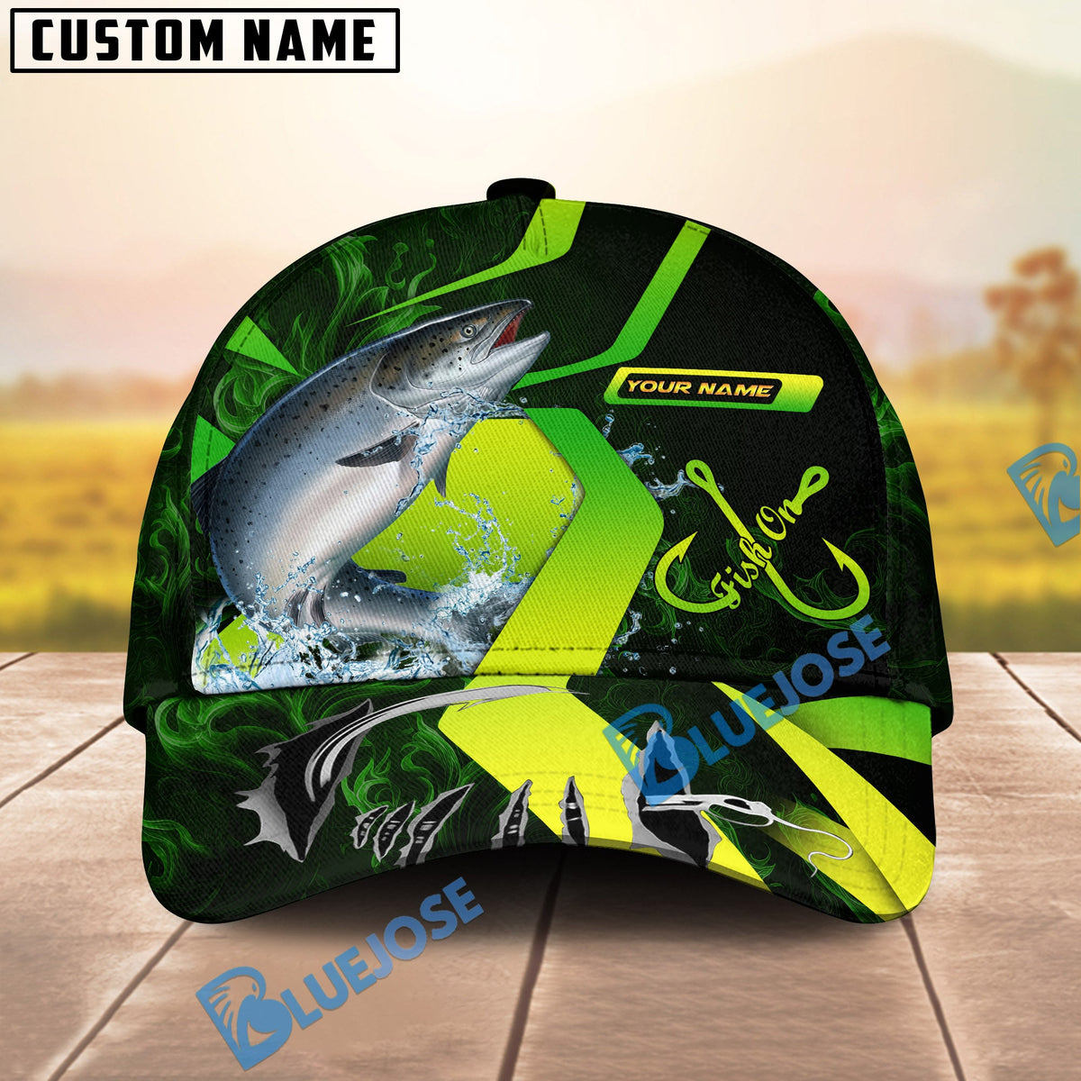 BlueJose Fishing Neon Green Neon Hook Splash Personalized Cap (13 Breeds)