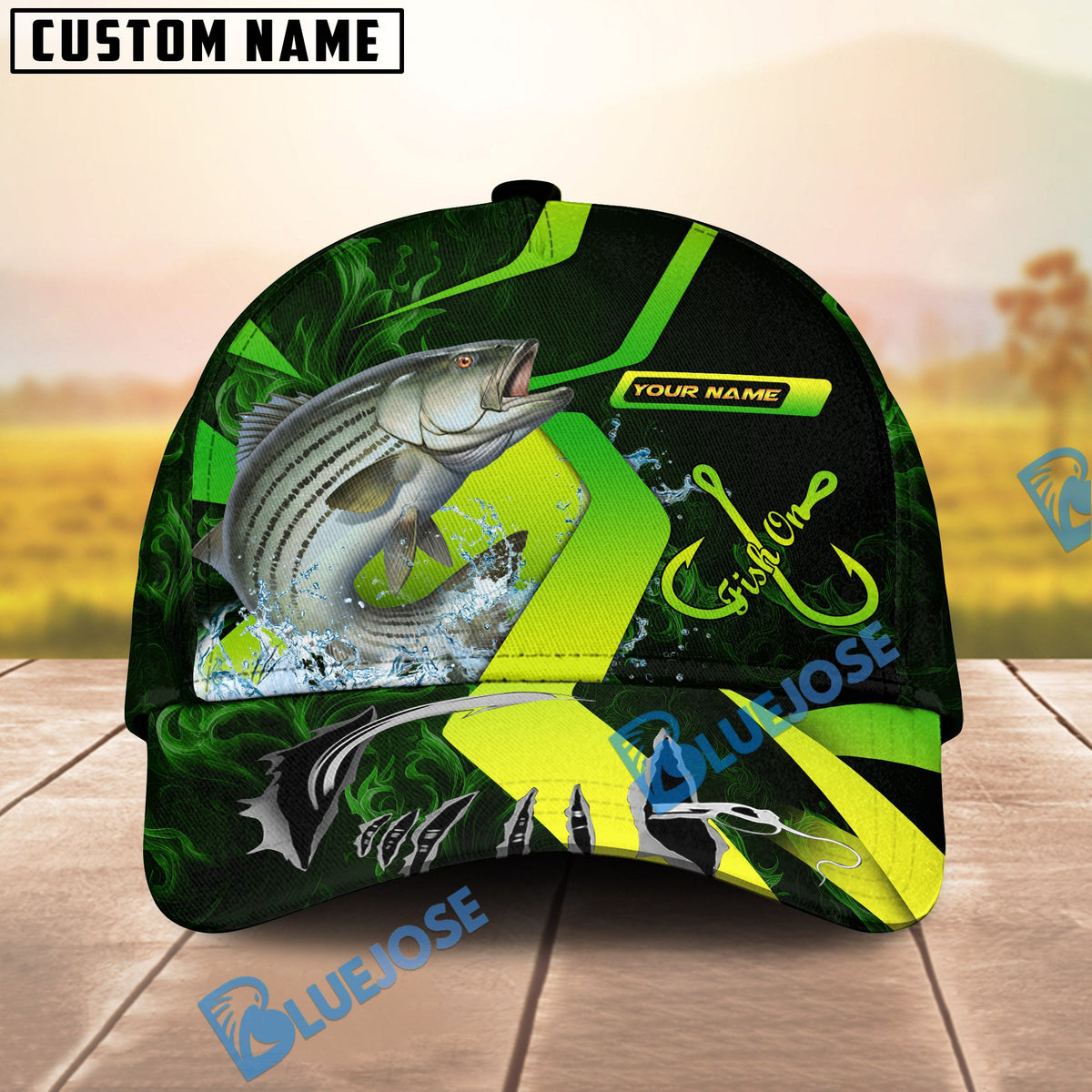 BlueJose Fishing Neon Green Neon Hook Splash Personalized Cap (13 Breeds)