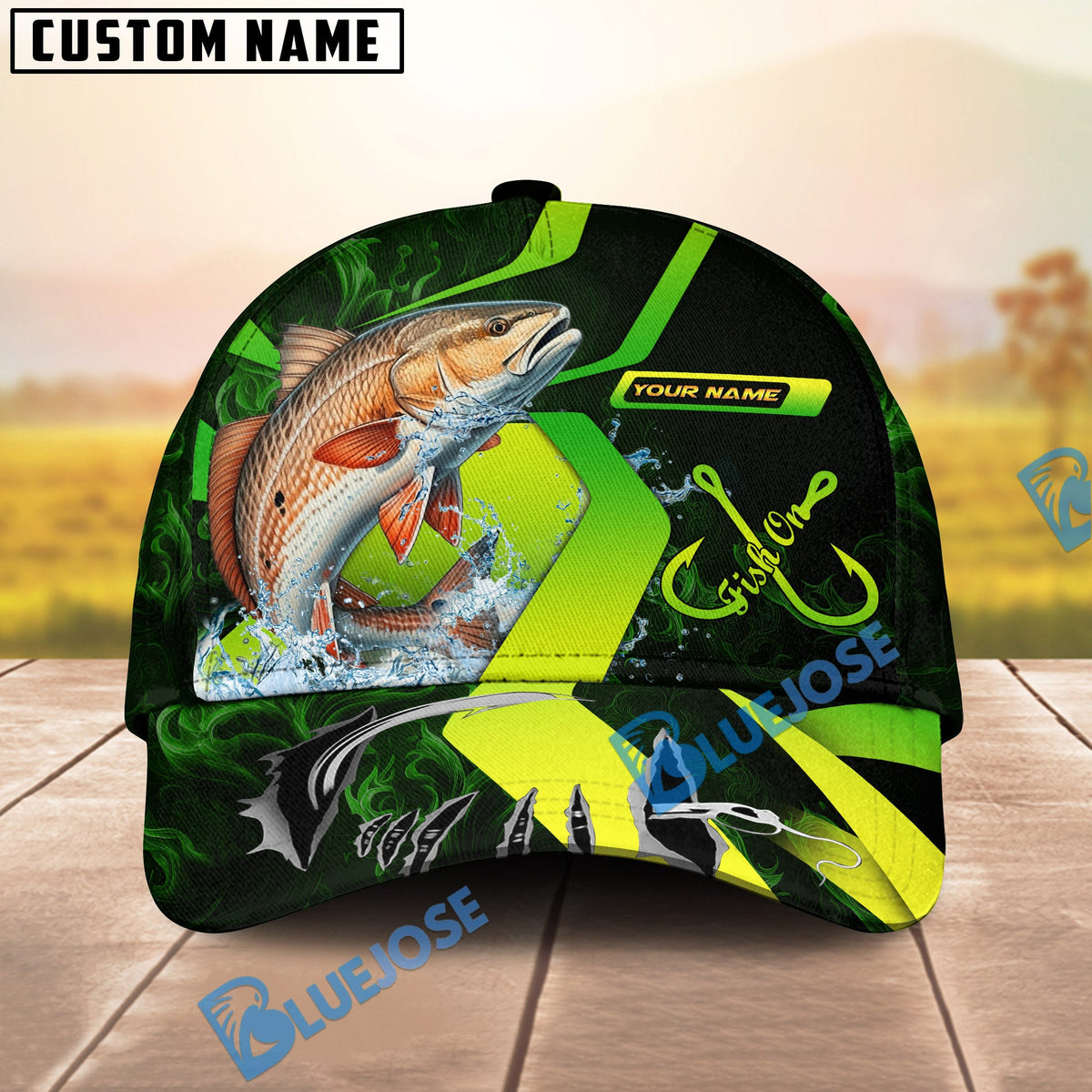 BlueJose Fishing Neon Green Neon Hook Splash Personalized Cap (13 Breeds)