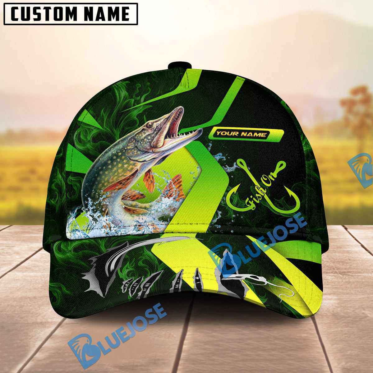 BlueJose Fishing Neon Green Neon Hook Splash Personalized Cap (13 Breeds)