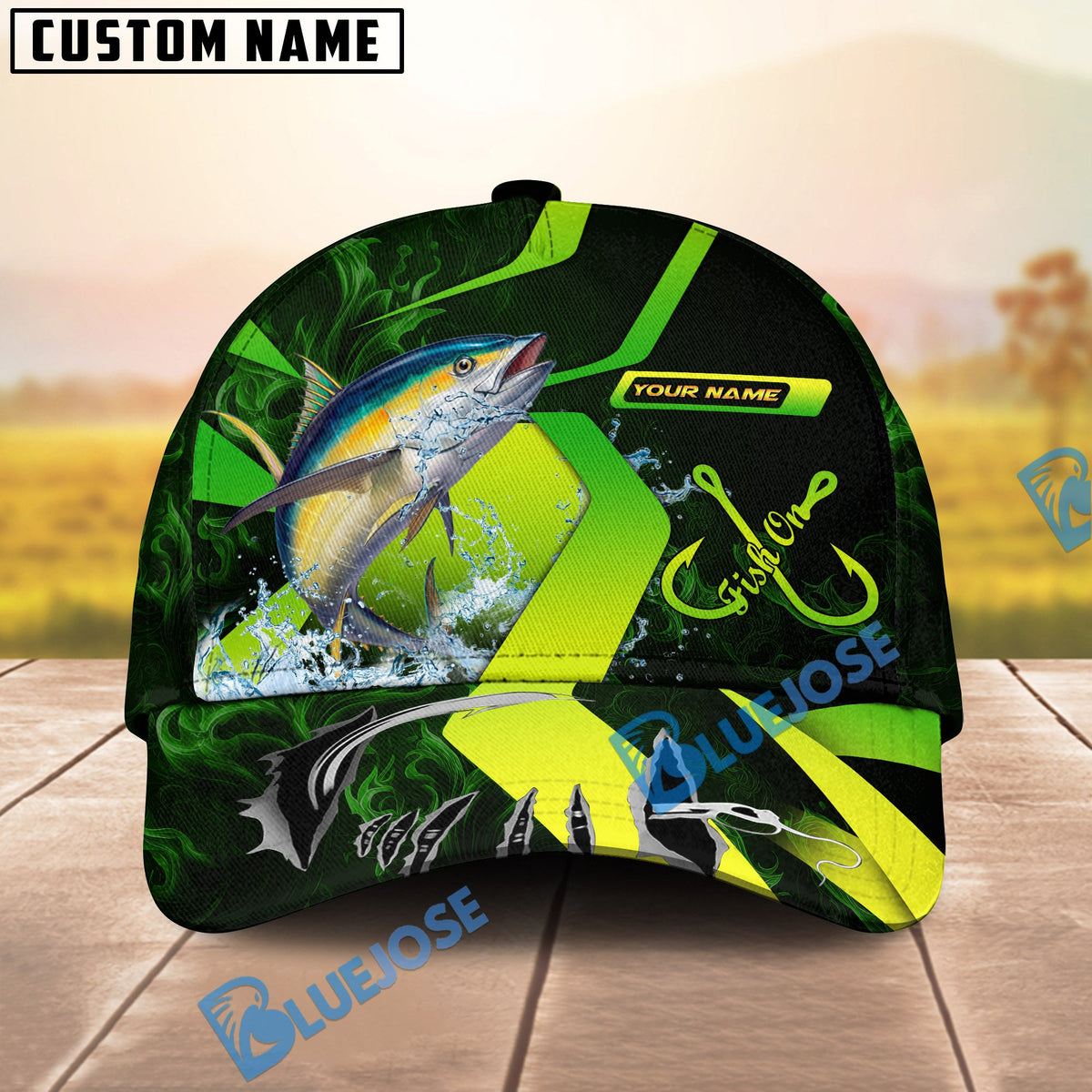BlueJose Fishing Neon Green Neon Hook Splash Personalized Cap (13 Breeds)