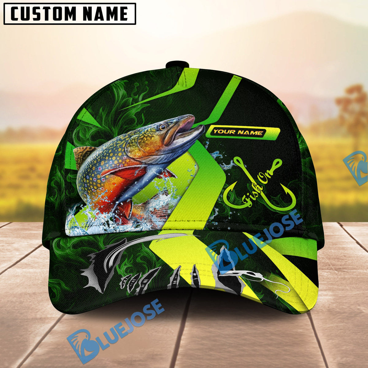 BlueJose Fishing Neon Green Neon Hook Splash Personalized Cap (13 Breeds)