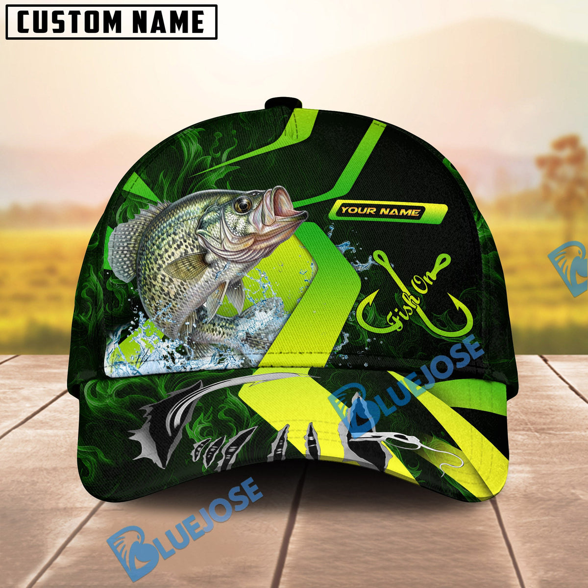 BlueJose Fishing Neon Green Neon Hook Splash Personalized Cap (13 Breeds)