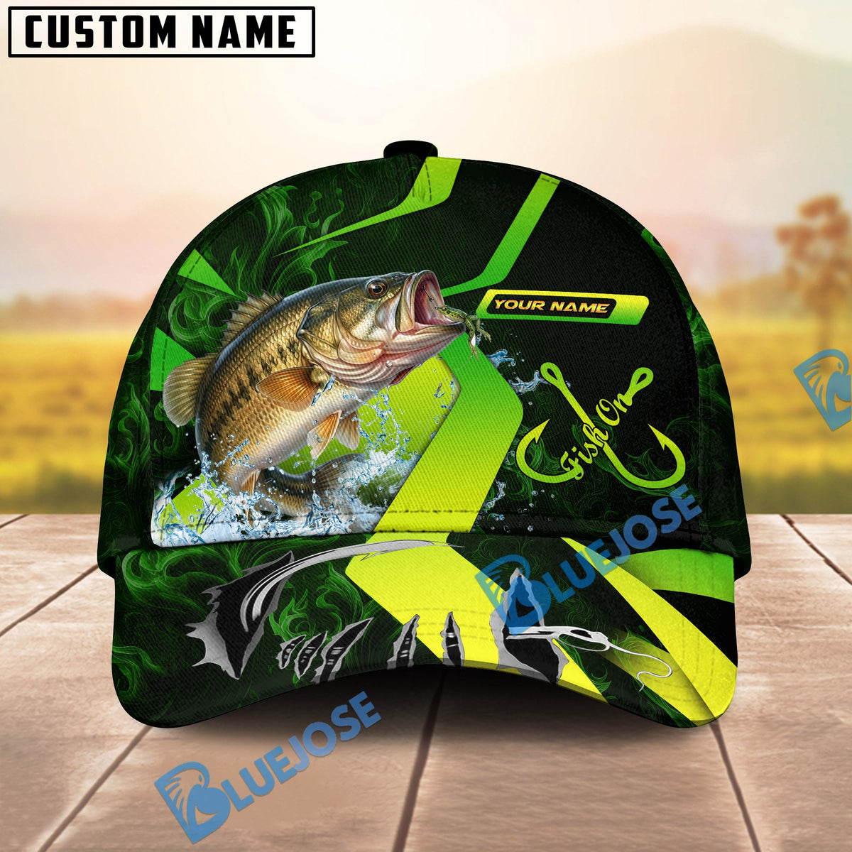 BlueJose Fishing Neon Green Neon Hook Splash Personalized Cap (13 Breeds)