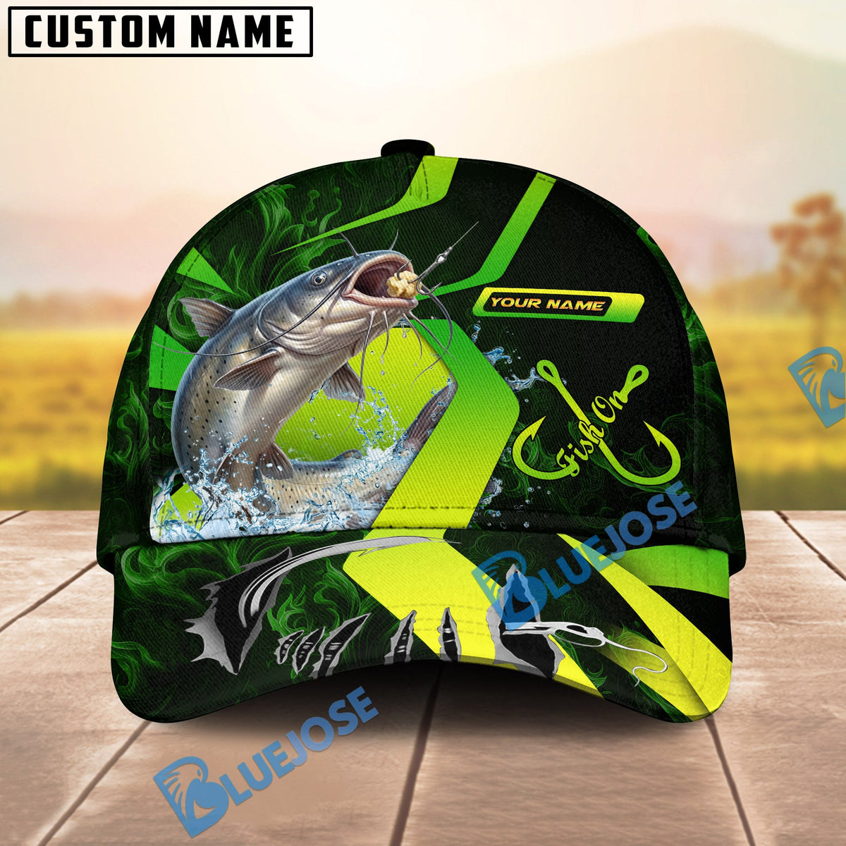 BlueJose Fishing Neon Green Neon Hook Splash Personalized Cap (13 Breeds)