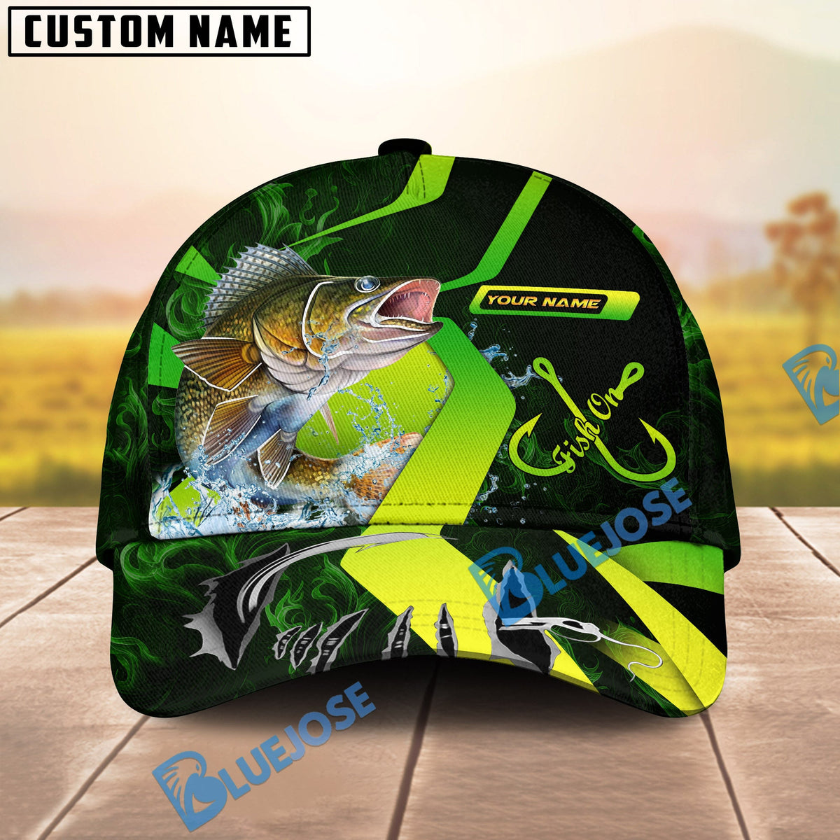 BlueJose Fishing Neon Green Neon Hook Splash Personalized Cap (13 Breeds)