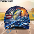 BlueJose Fishing American Flag Sunset Wave Personalized Cap (13 Breeds)