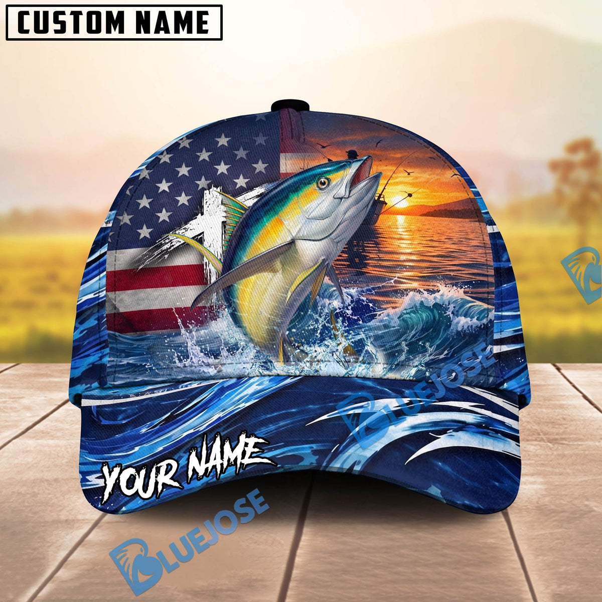 BlueJose Fishing American Flag Sunset Wave Personalized Cap (13 Breeds)