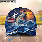 BlueJose Fishing American Flag Sunset Wave Personalized Cap (13 Breeds)