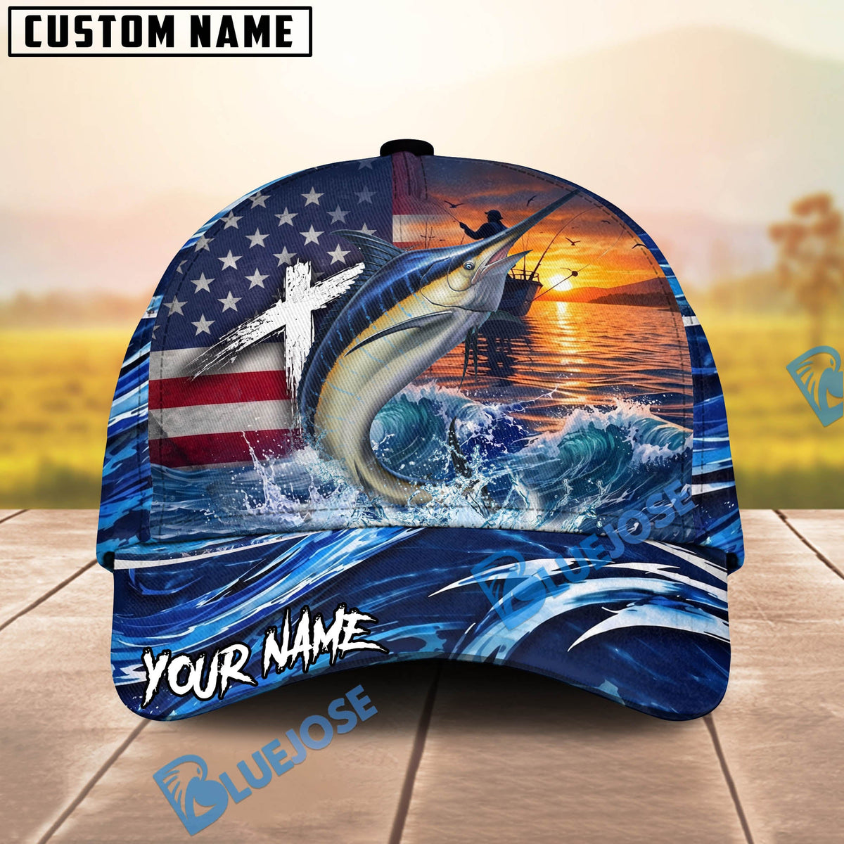 BlueJose Fishing American Flag Sunset Wave Personalized Cap (13 Breeds)