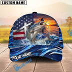 BlueJose Fishing American Flag Sunset Wave Personalized Cap (13 Breeds)