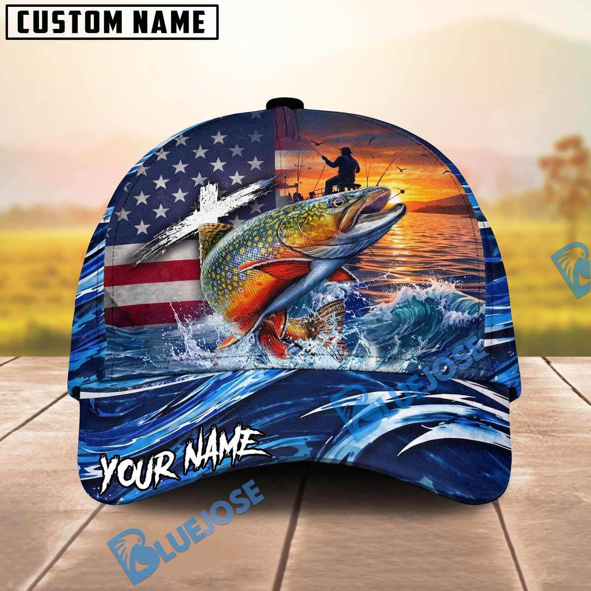 BlueJose Fishing American Flag Sunset Wave Personalized Cap (13 Breeds)