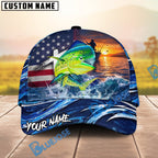 BlueJose Fishing American Flag Sunset Wave Personalized Cap (13 Breeds)