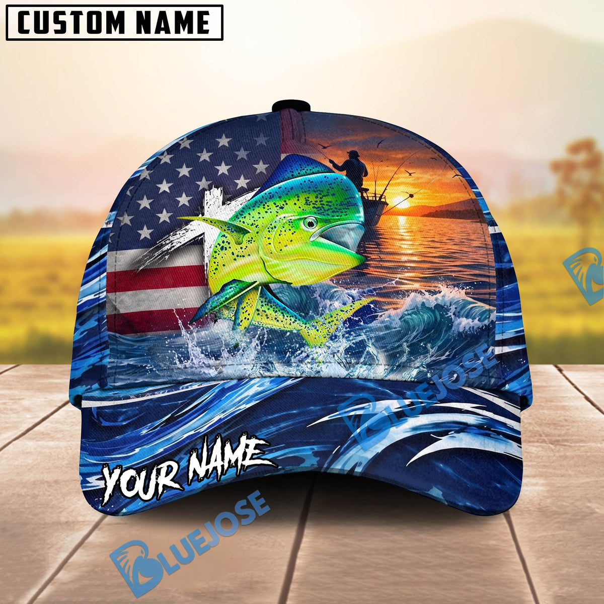 BlueJose Fishing American Flag Sunset Wave Personalized Cap (13 Breeds)