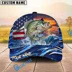 BlueJose Fishing American Flag Sunset Wave Personalized Cap (13 Breeds)