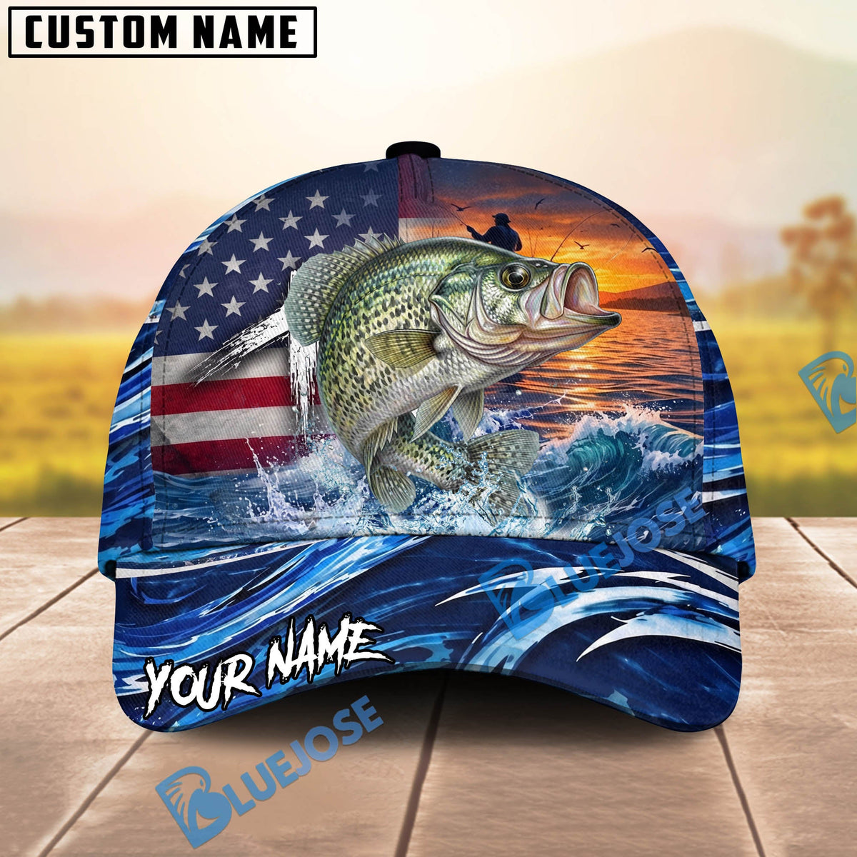 BlueJose Fishing American Flag Sunset Wave Personalized Cap (13 Breeds)