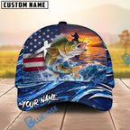 BlueJose Fishing American Flag Sunset Wave Personalized Cap (13 Breeds)