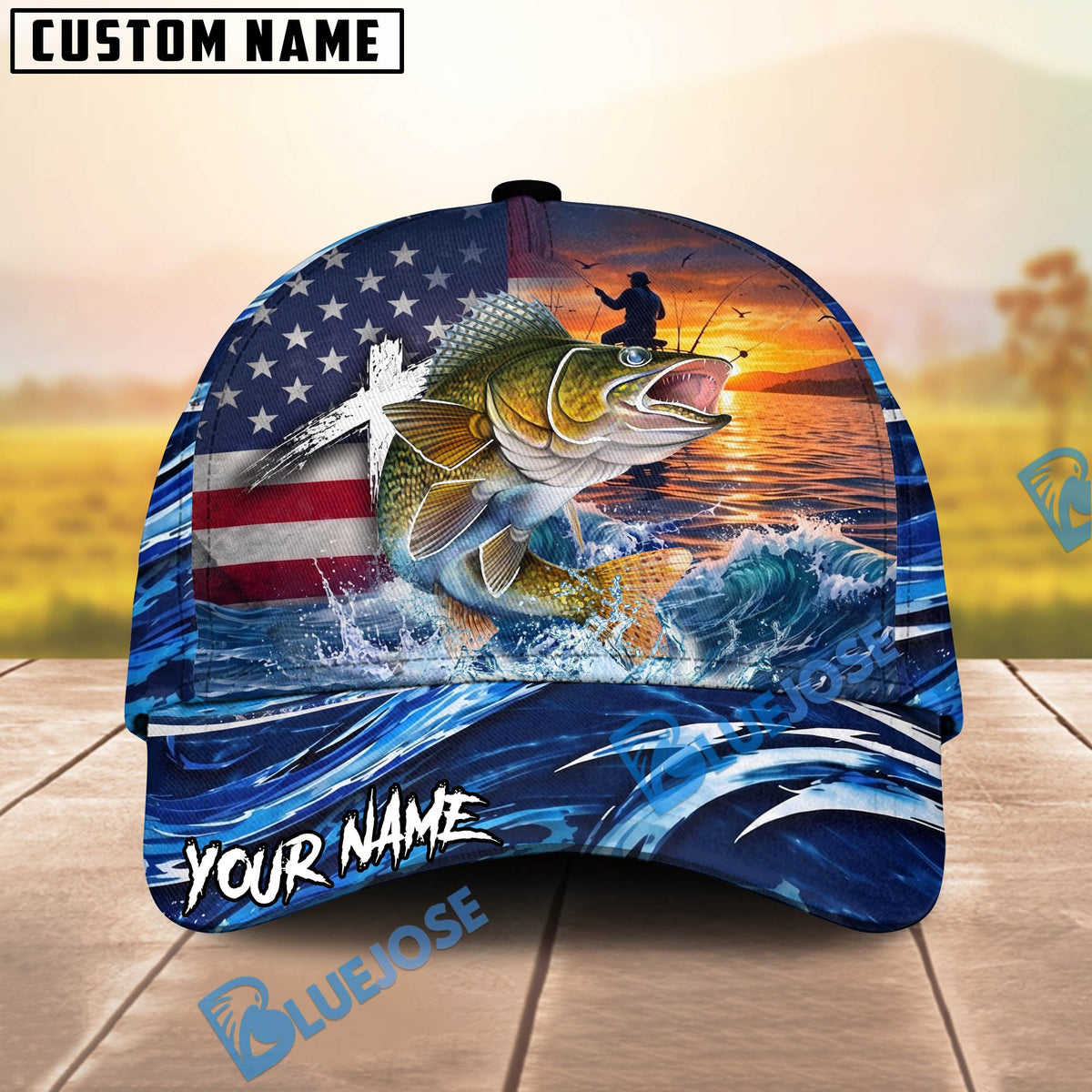 BlueJose Fishing American Flag Sunset Wave Personalized Cap (13 Breeds)