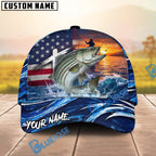 BlueJose Fishing American Flag Sunset Wave Personalized Cap (13 Breeds)