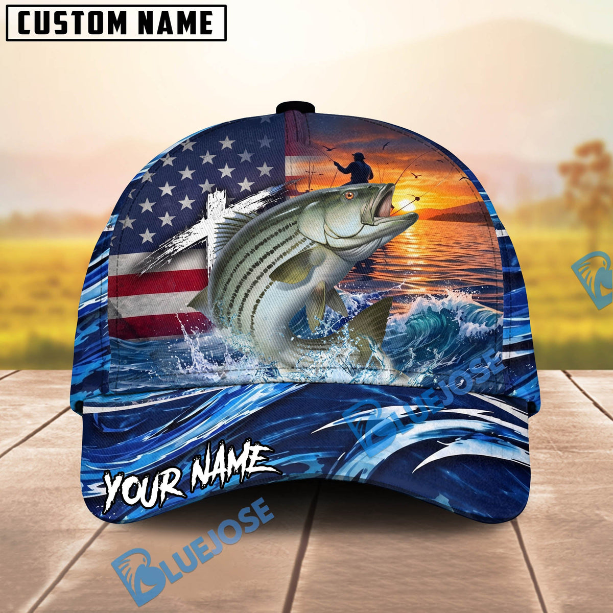 BlueJose Fishing American Flag Sunset Wave Personalized Cap (13 Breeds)
