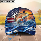 BlueJose Fishing American Flag Sunset Wave Personalized Cap (13 Breeds)