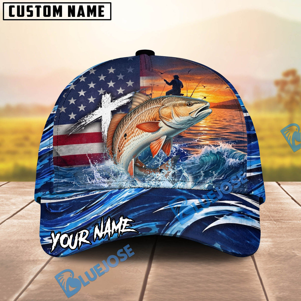 BlueJose Fishing American Flag Sunset Wave Personalized Cap (13 Breeds)
