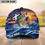 BlueJose Fishing American Flag Sunset Wave Personalized Cap (13 Breeds)