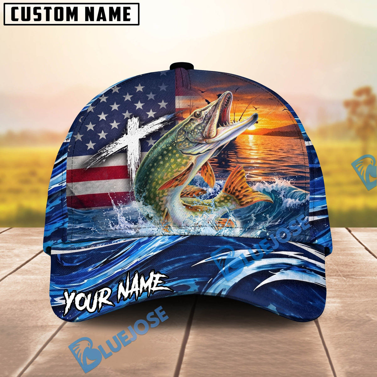 BlueJose Fishing American Flag Sunset Wave Personalized Cap (13 Breeds)