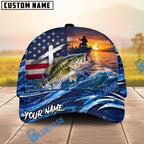 BlueJose Fishing American Flag Sunset Wave Personalized Cap (13 Breeds)
