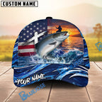 BlueJose Fishing American Flag Sunset Wave Personalized Cap (13 Breeds)