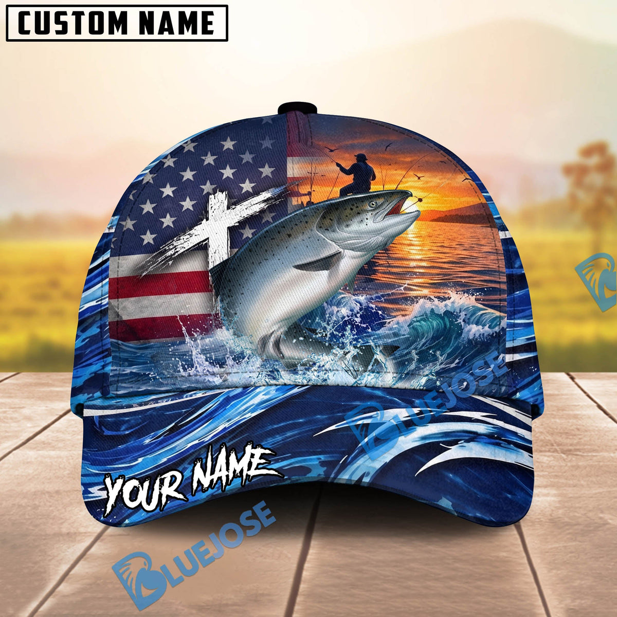 BlueJose Fishing American Flag Sunset Wave Personalized Cap (13 Breeds)