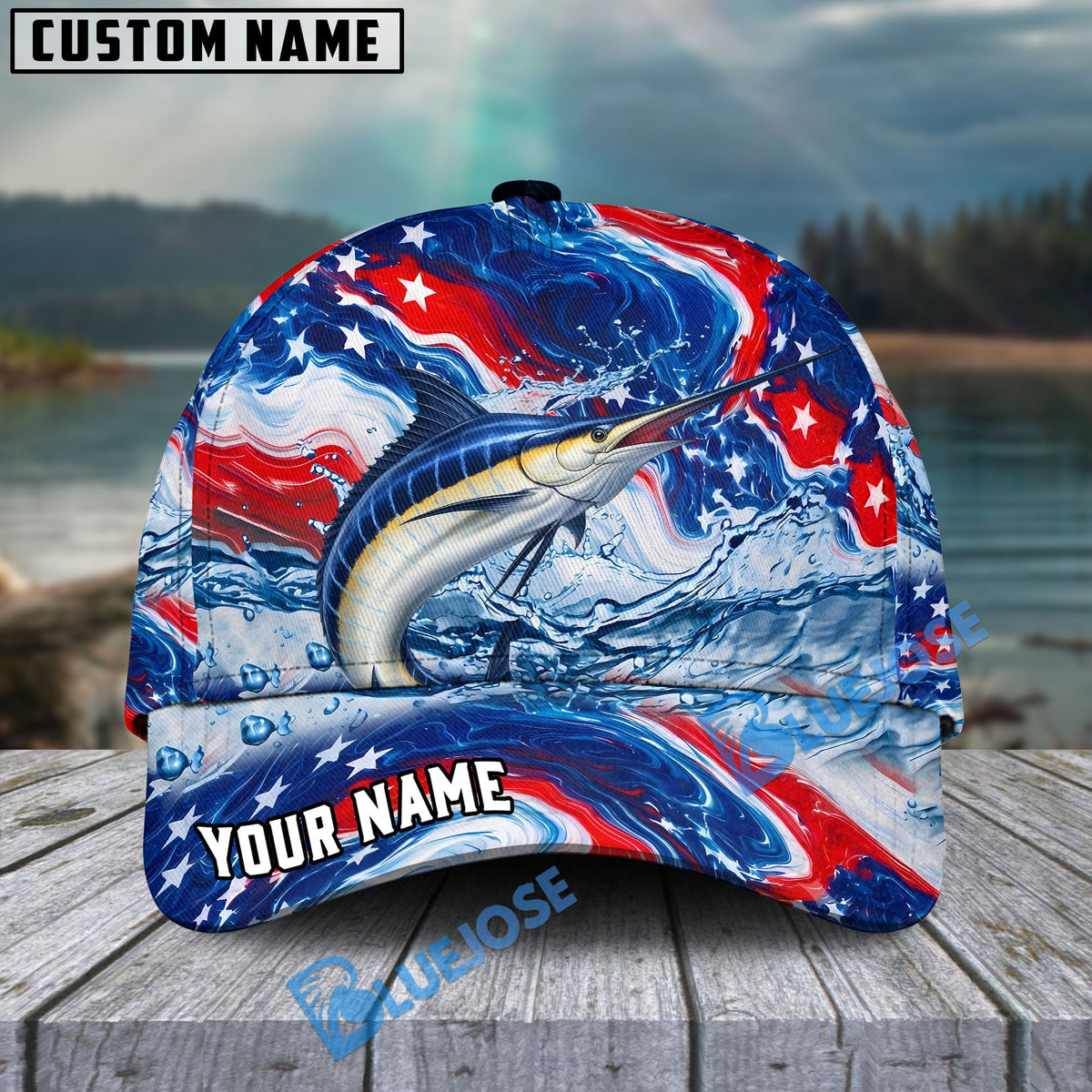 BlueJose Fishing Patriotic Red White Blue Wave Personalized Cap (13 Breeds)