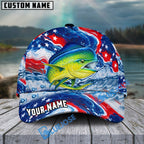 BlueJose Fishing Patriotic Red White Blue Wave Personalized Cap (13 Breeds)