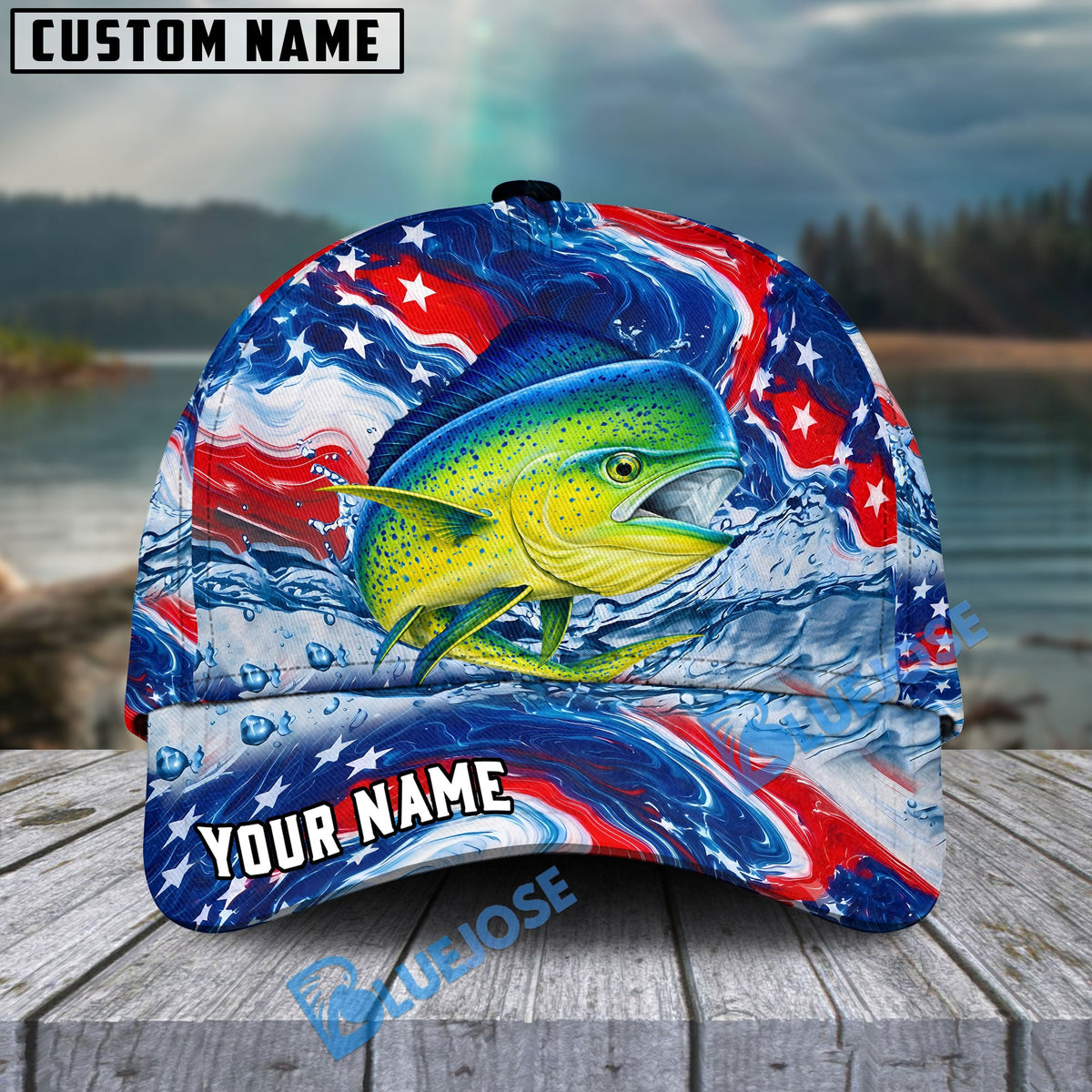 BlueJose Fishing Patriotic Red White Blue Wave Personalized Cap (13 Breeds)