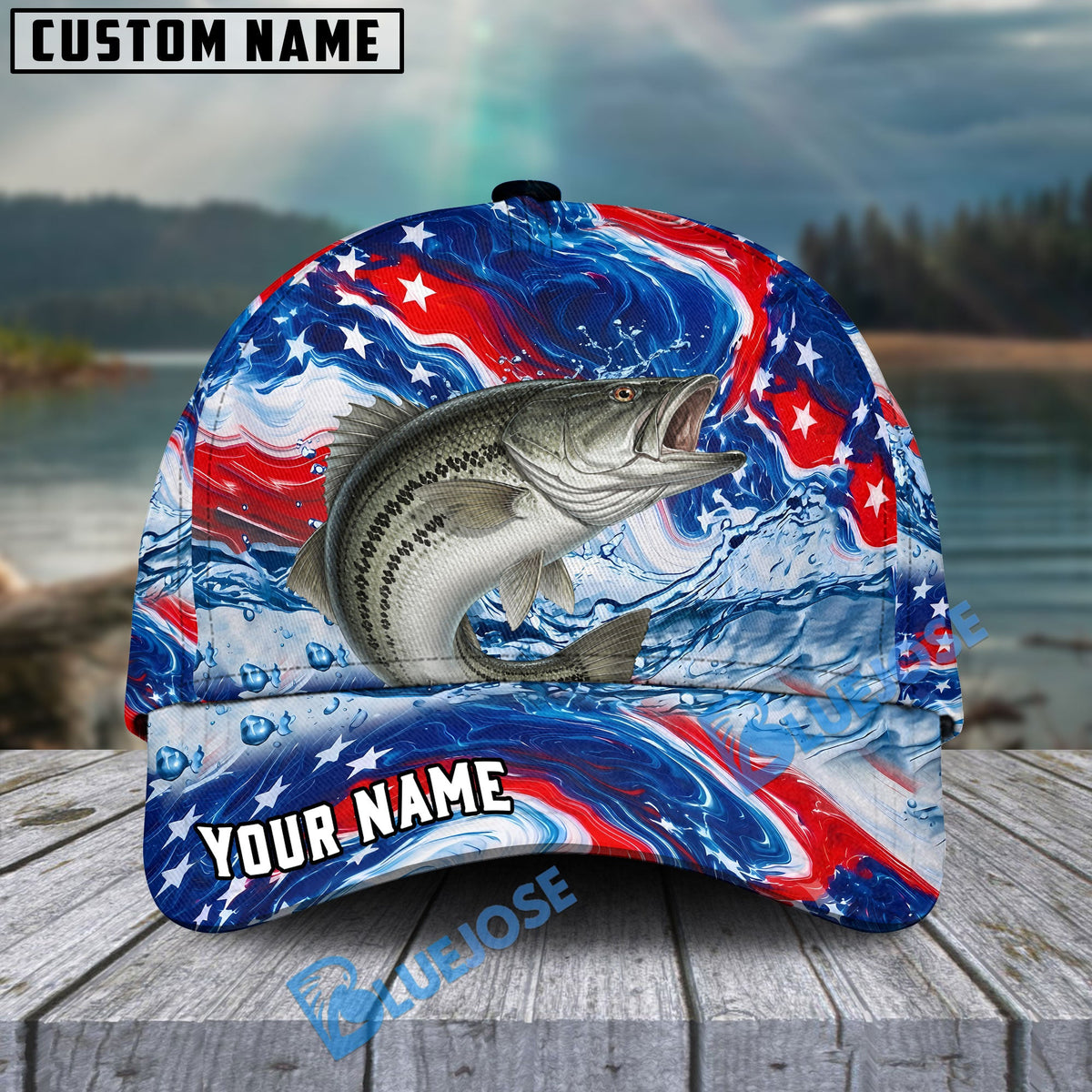 BlueJose Fishing Patriotic Red White Blue Wave Personalized Cap (13 Breeds)