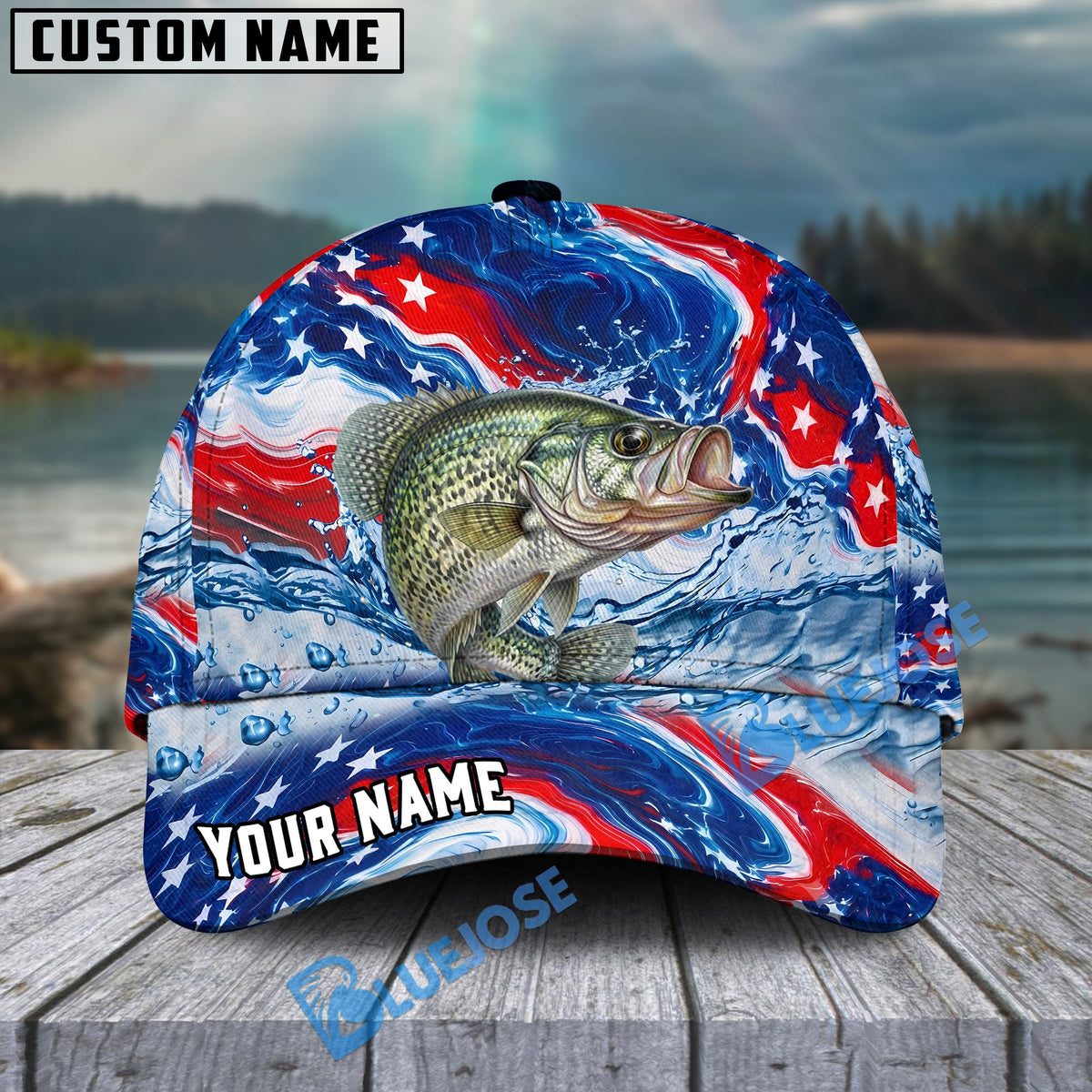 BlueJose Fishing Patriotic Red White Blue Wave Personalized Cap (13 Breeds)