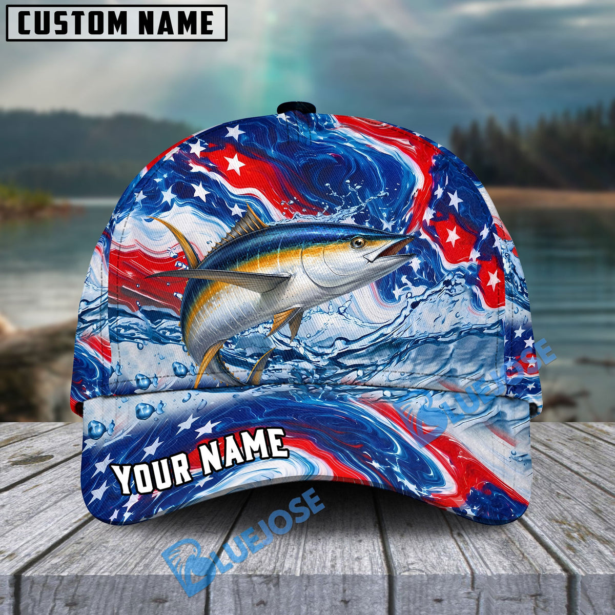 BlueJose Fishing Patriotic Red White Blue Wave Personalized Cap (13 Breeds)