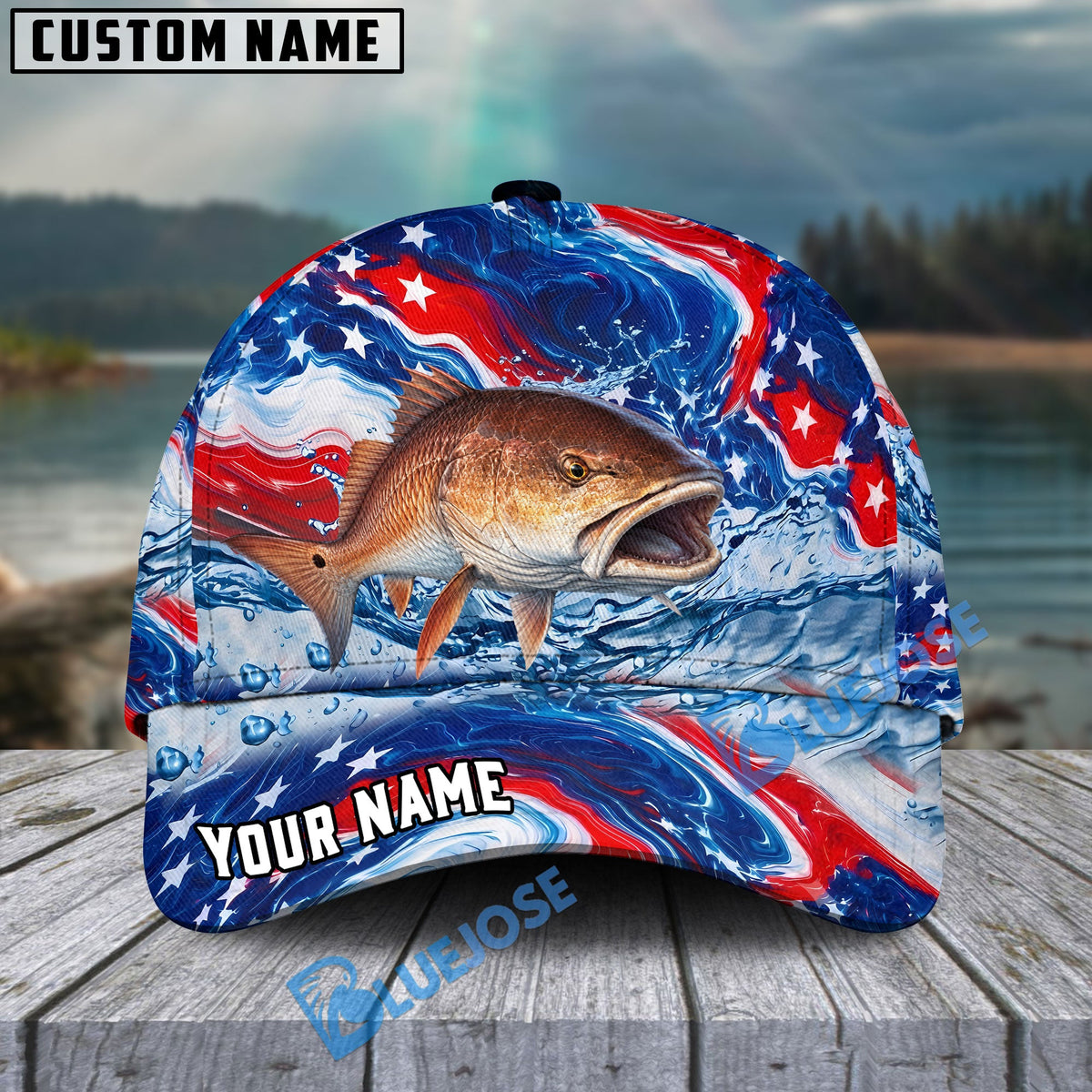 BlueJose Fishing Patriotic Red White Blue Wave Personalized Cap (13 Breeds)