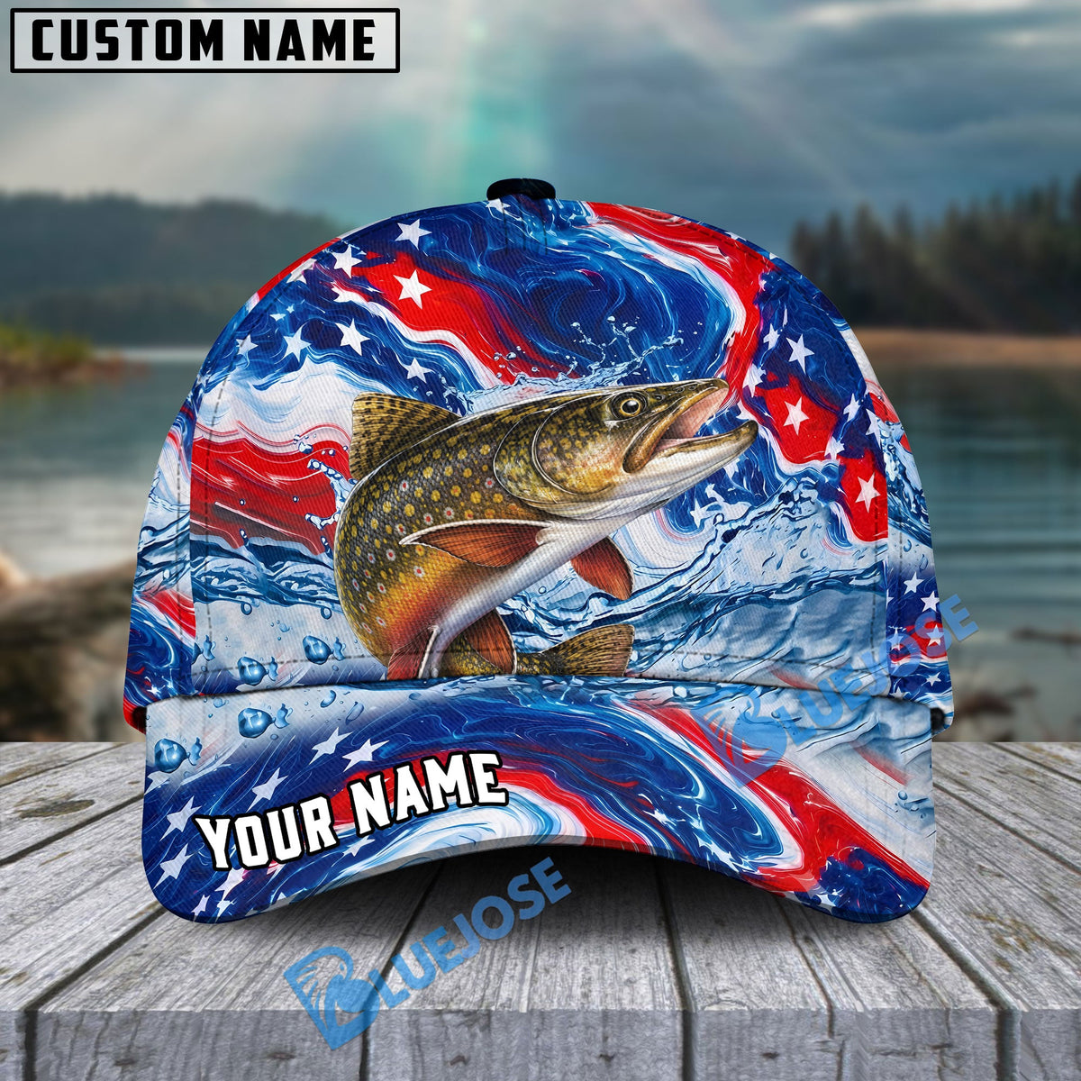 BlueJose Fishing Patriotic Red White Blue Wave Personalized Cap (13 Breeds)