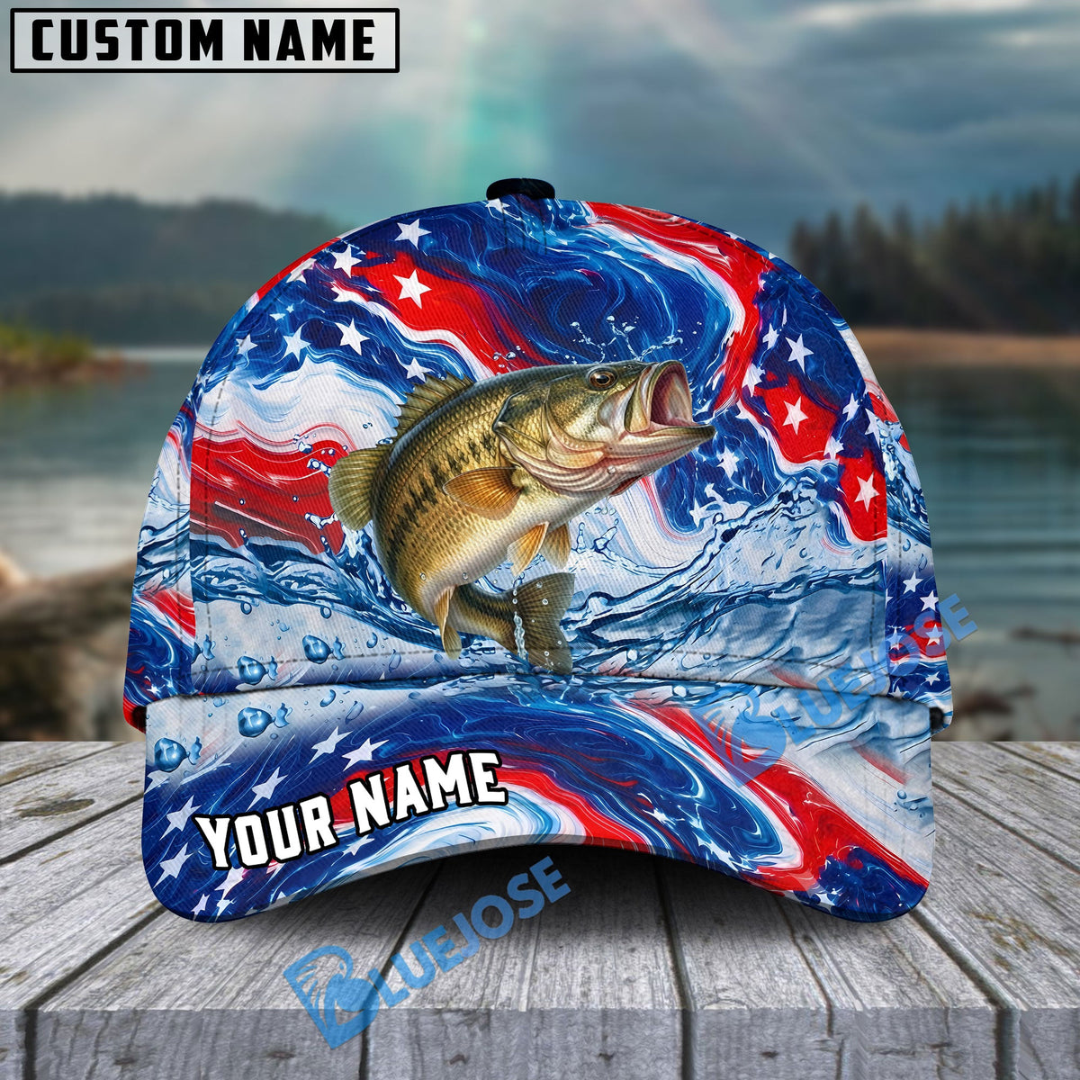 BlueJose Fishing Patriotic Red White Blue Wave Personalized Cap (13 Breeds)