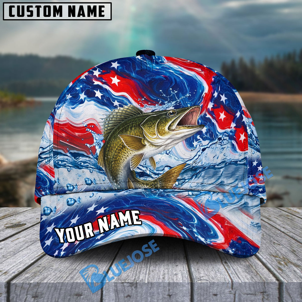 BlueJose Fishing Patriotic Red White Blue Wave Personalized Cap (13 Breeds)