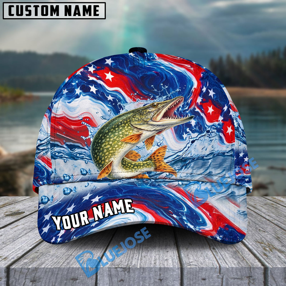 BlueJose Fishing Patriotic Red White Blue Wave Personalized Cap (13 Breeds)