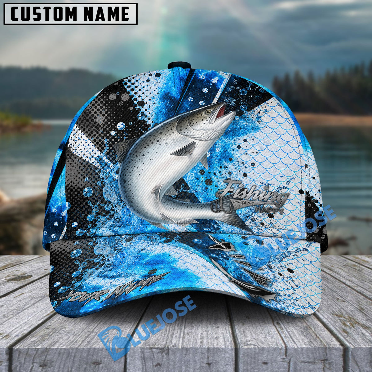 BlueJose Fishing Hook Blue Scale Water Splash Personalized Cap (13 Breeds)