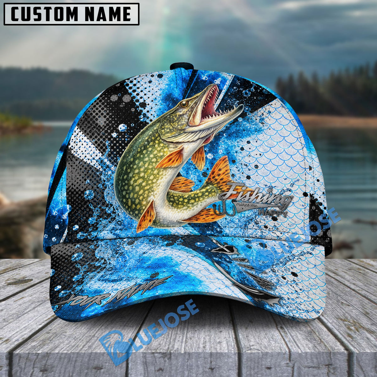 BlueJose Fishing Hook Blue Scale Water Splash Personalized Cap (13 Breeds)