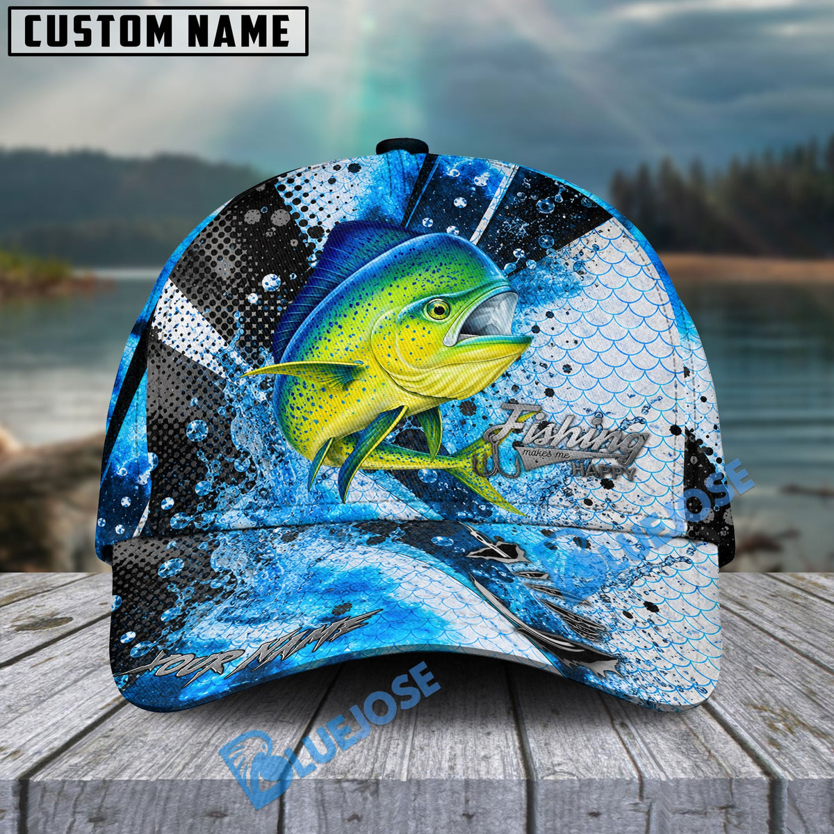 BlueJose Fishing Hook Blue Scale Water Splash Personalized Cap (13 Breeds)