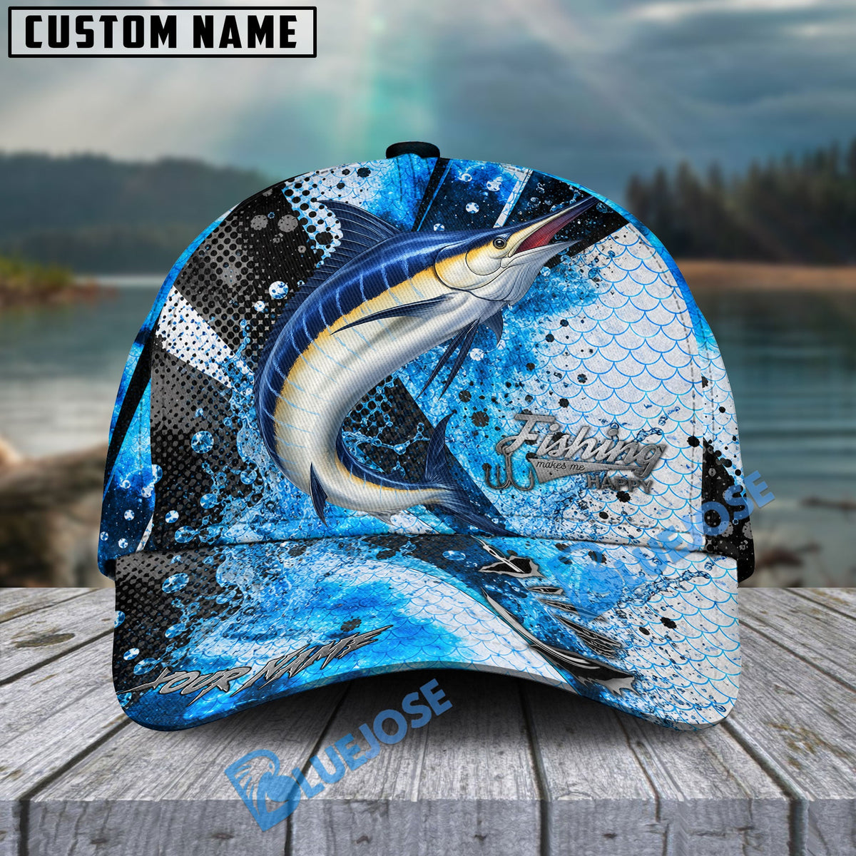 BlueJose Fishing Hook Blue Scale Water Splash Personalized Cap (13 Breeds)