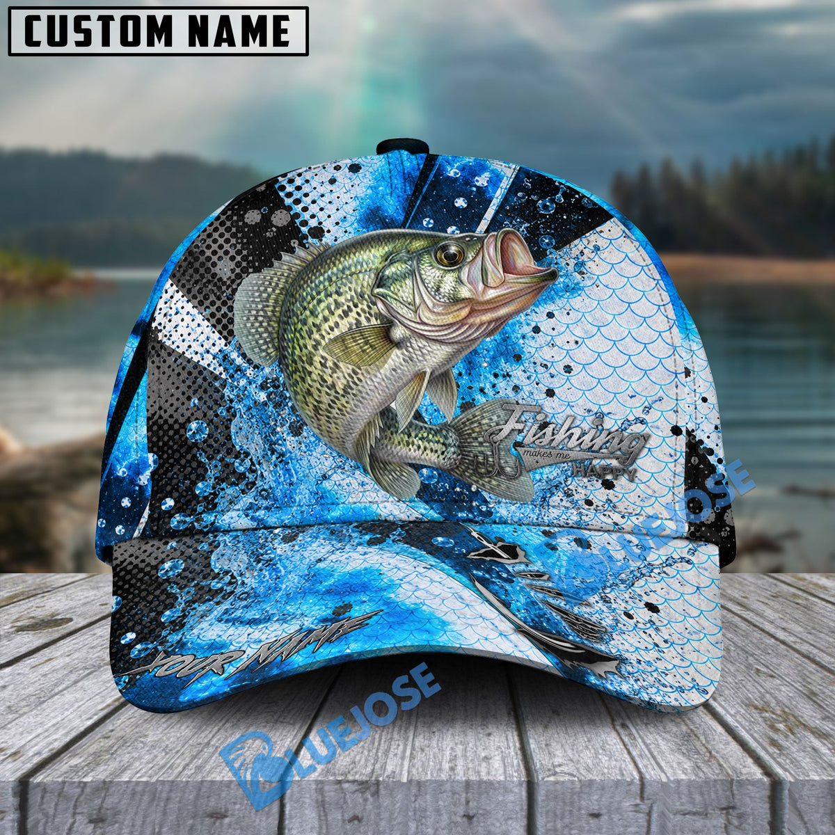 BlueJose Fishing Hook Blue Scale Water Splash Personalized Cap (13 Breeds)
