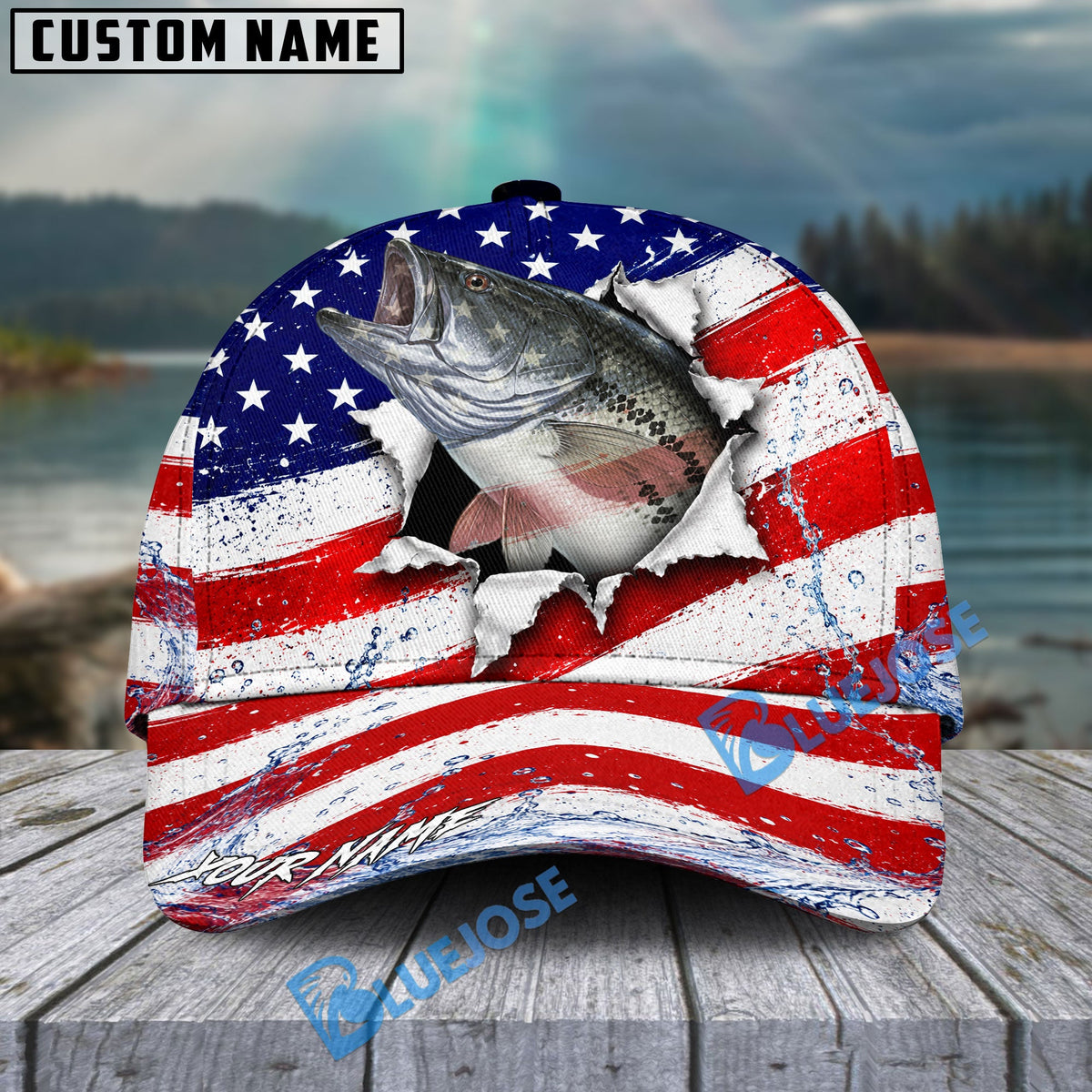 BlueJose Fishing Patriotic Flag Water Splash Personalized Cap (13 Breeds)