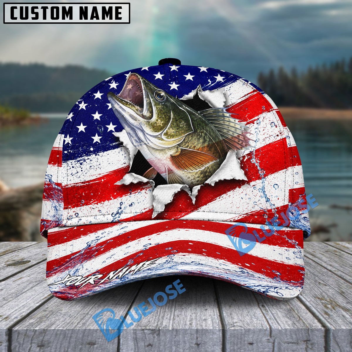 BlueJose Fishing Patriotic Flag Water Splash Personalized Cap (13 Breeds)